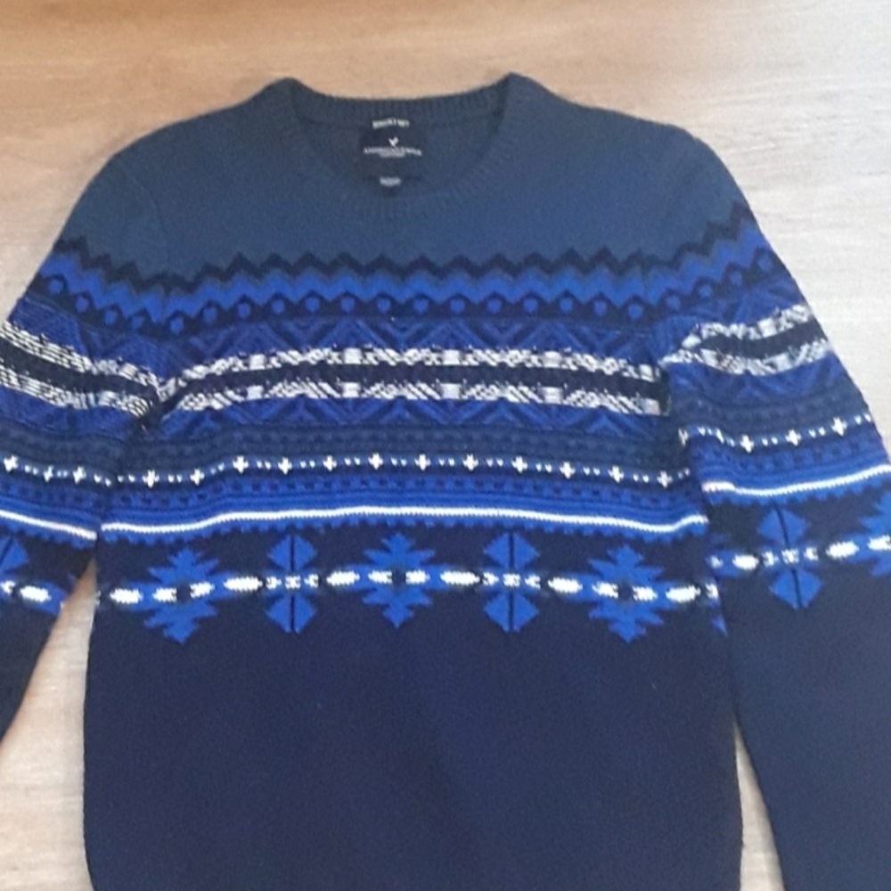 American Eagle Seriously Soft Blue Knit Geometric Pullover Sweater - XS - Picture 7 of 10